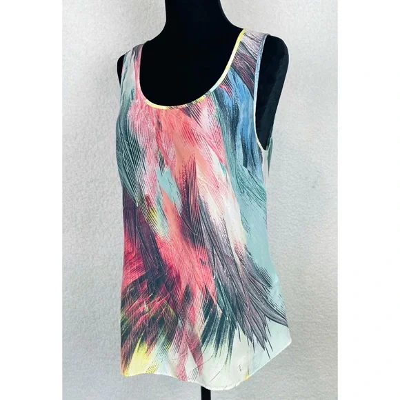 WAREHOUSE • Silk Colorful Abstract Feather Print Tank Top, 6 - Picture 2 of 11